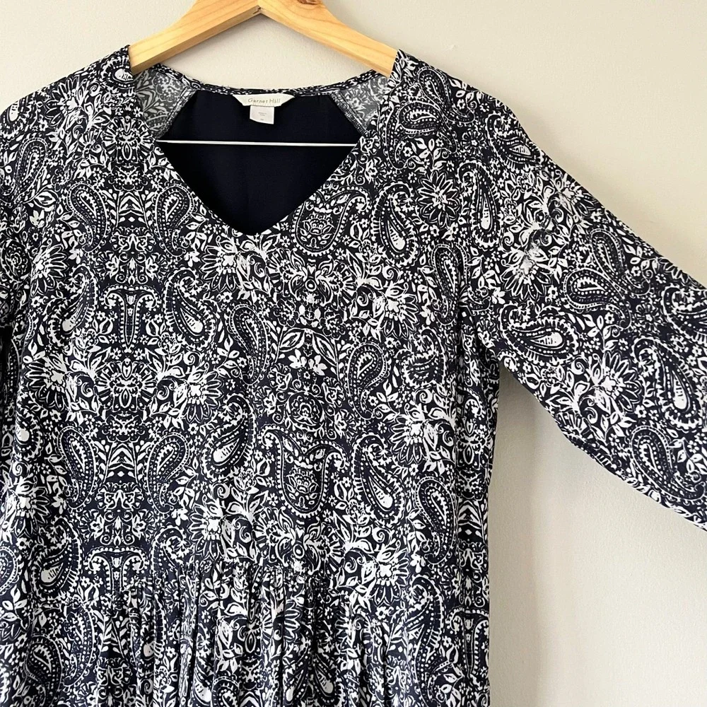 Garnet Hill Bohemian Pocket-Detail Dress Size 2 Navy Paisley Print‎ 3/4 Sleeve - Picture 4 of 9
